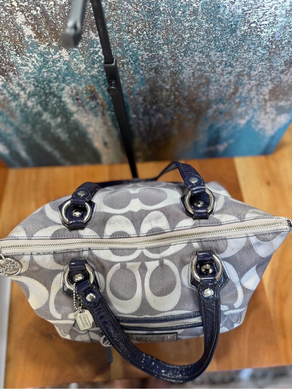 Coach Y2K Glam 2010 Poppy Op Art Tote Gray Silver Navy Patent Leather Fair - Picture 8 of 15